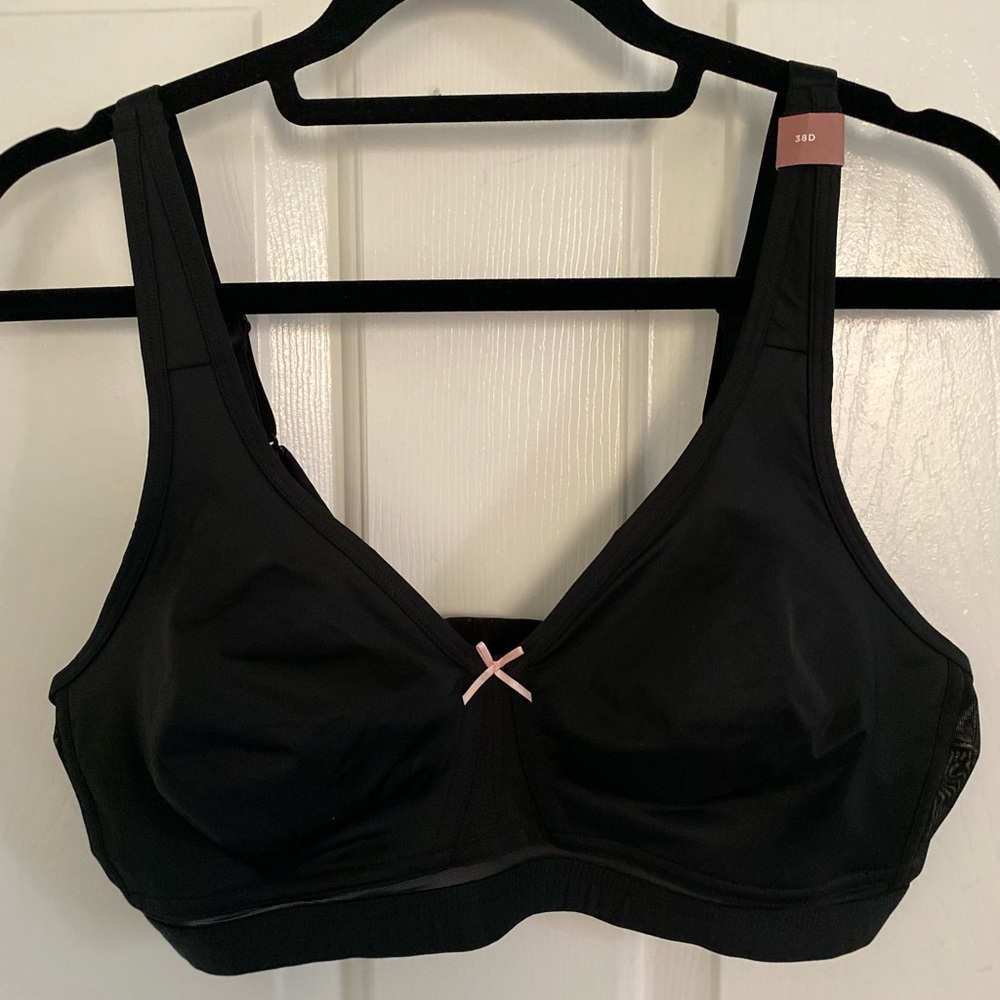 New Cacique Bra Unlined Full Coverage Satin No-Wire Black Mesh Back 38D